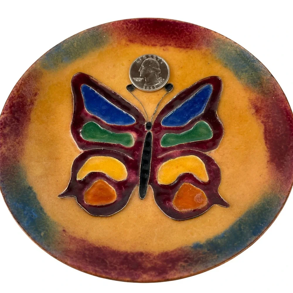 Vintage Copper Ashtray Handmade Hippy Rainbow Butterfly Glazed Cottagecore Boho